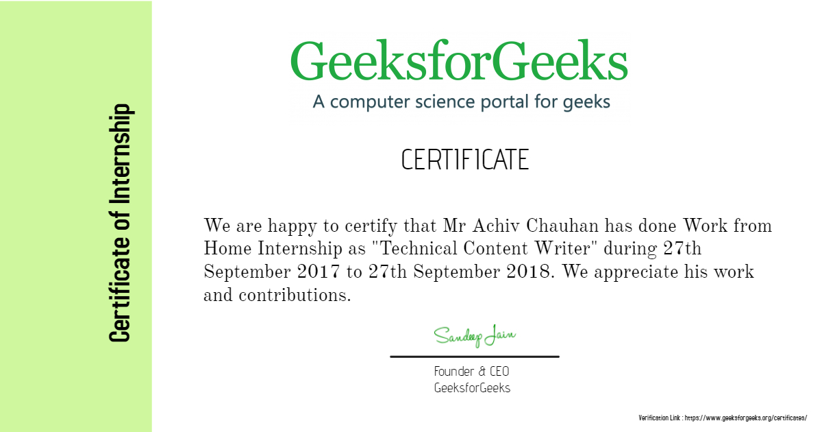 Technical Content Writer Internship Certificates Geeksforgeeks