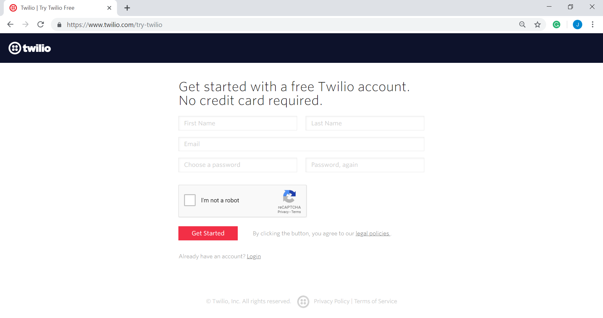 Twilio registration page