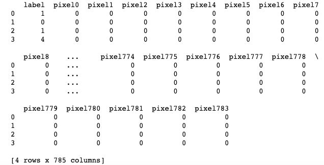 First five rows of the MNIST dataset