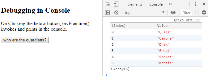 Log messages in the Console, DevTools