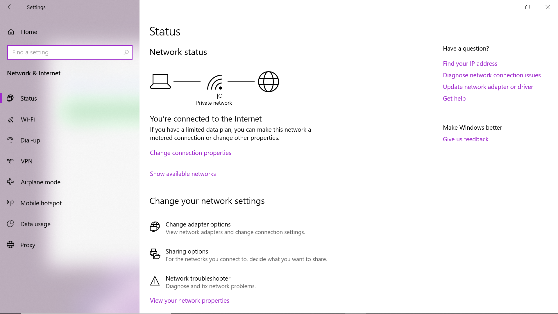 Opened Network and Settings Pane