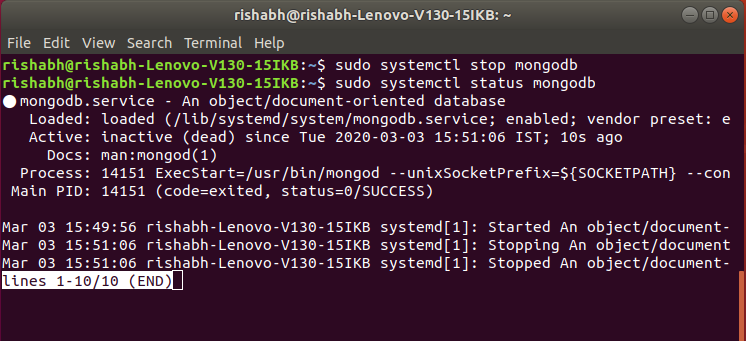 stop and check mongodb status