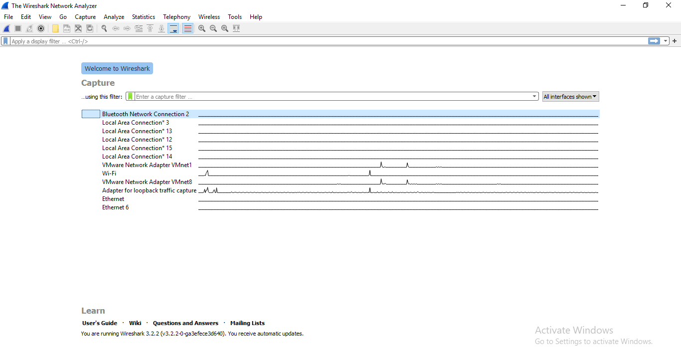 Tela inicial do Wireshark