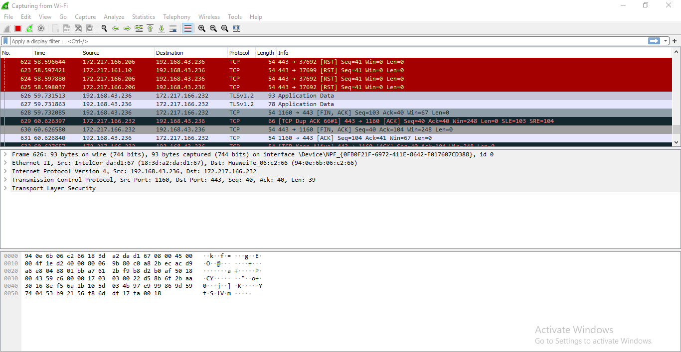 Écran de capture de wireshark