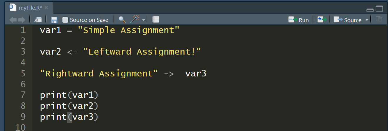 write a program to illustrate variable assignment in r