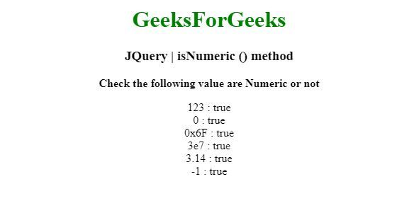 JQuery | isNumeric() method - GeeksforGeeks