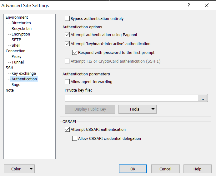 WinSCP Authentication Settings