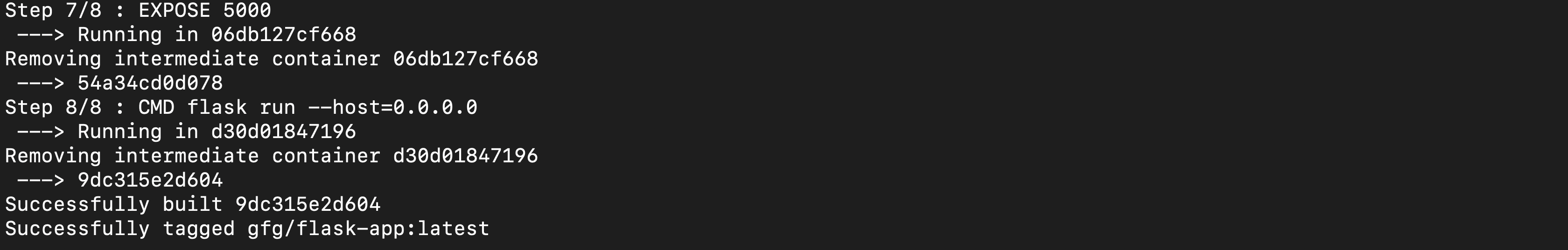 Our gfg/flask-app image is successfully built