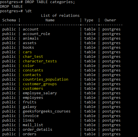 postgresql commands exit dt