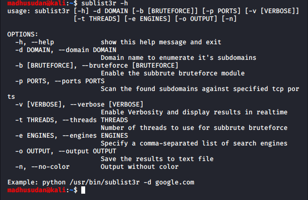 sublist3r help section how to use sublist3r