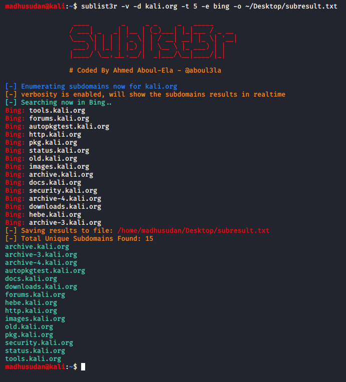 using sublist3r to get all the sub domain names of a domain