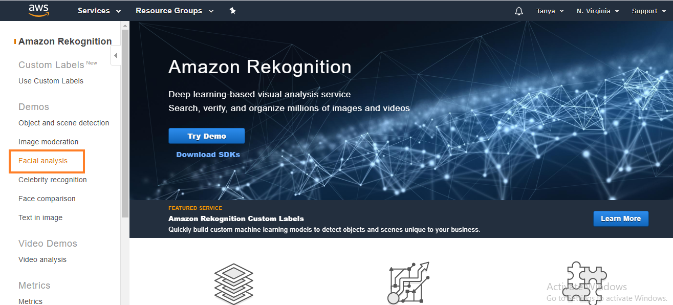 aws rekognition console