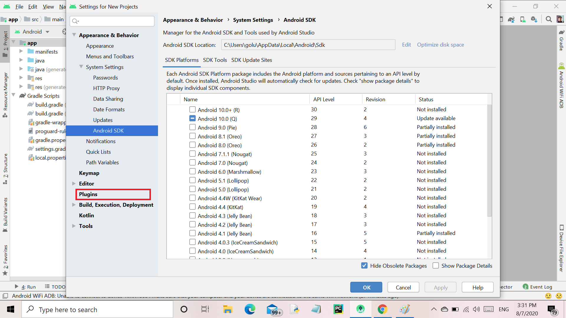 where does android studio install adb