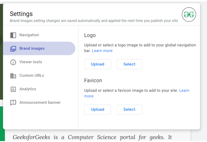 How To Add Brand Image In New Google Sites Geeksforgeeks