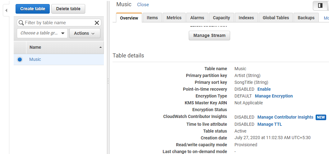 created table