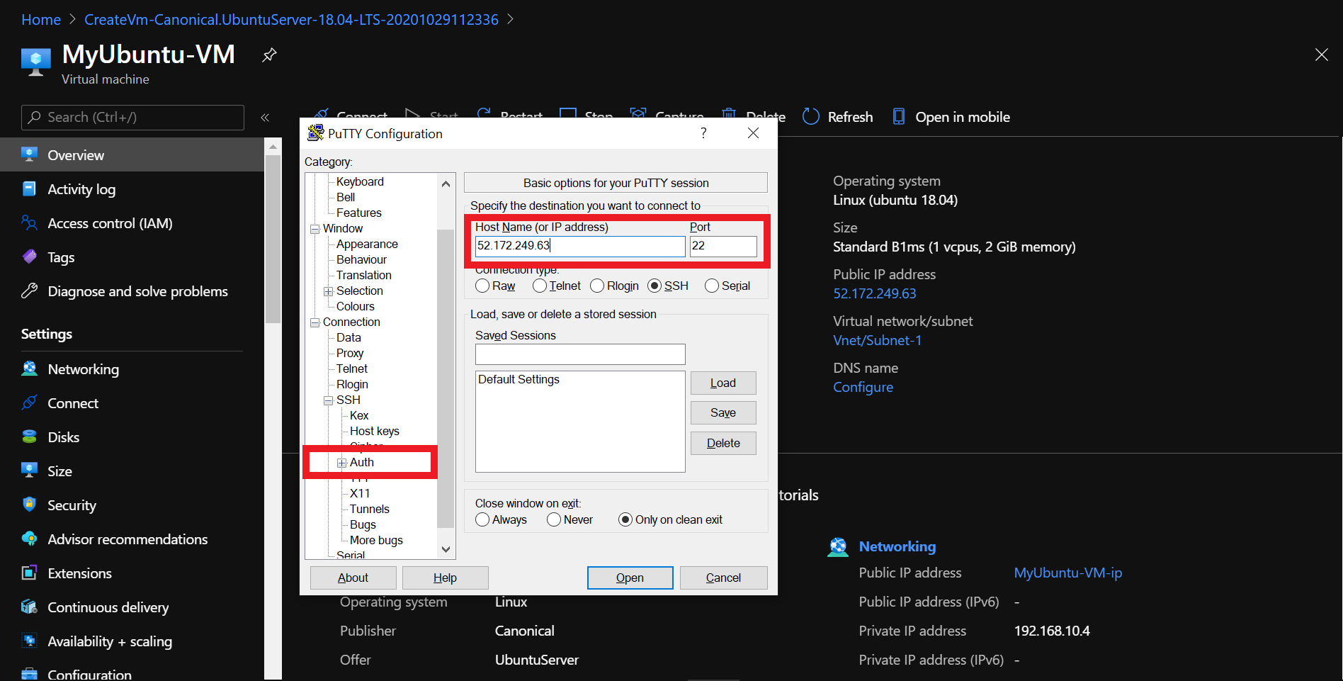 Paste the public IP address of the VM in PuTTy.