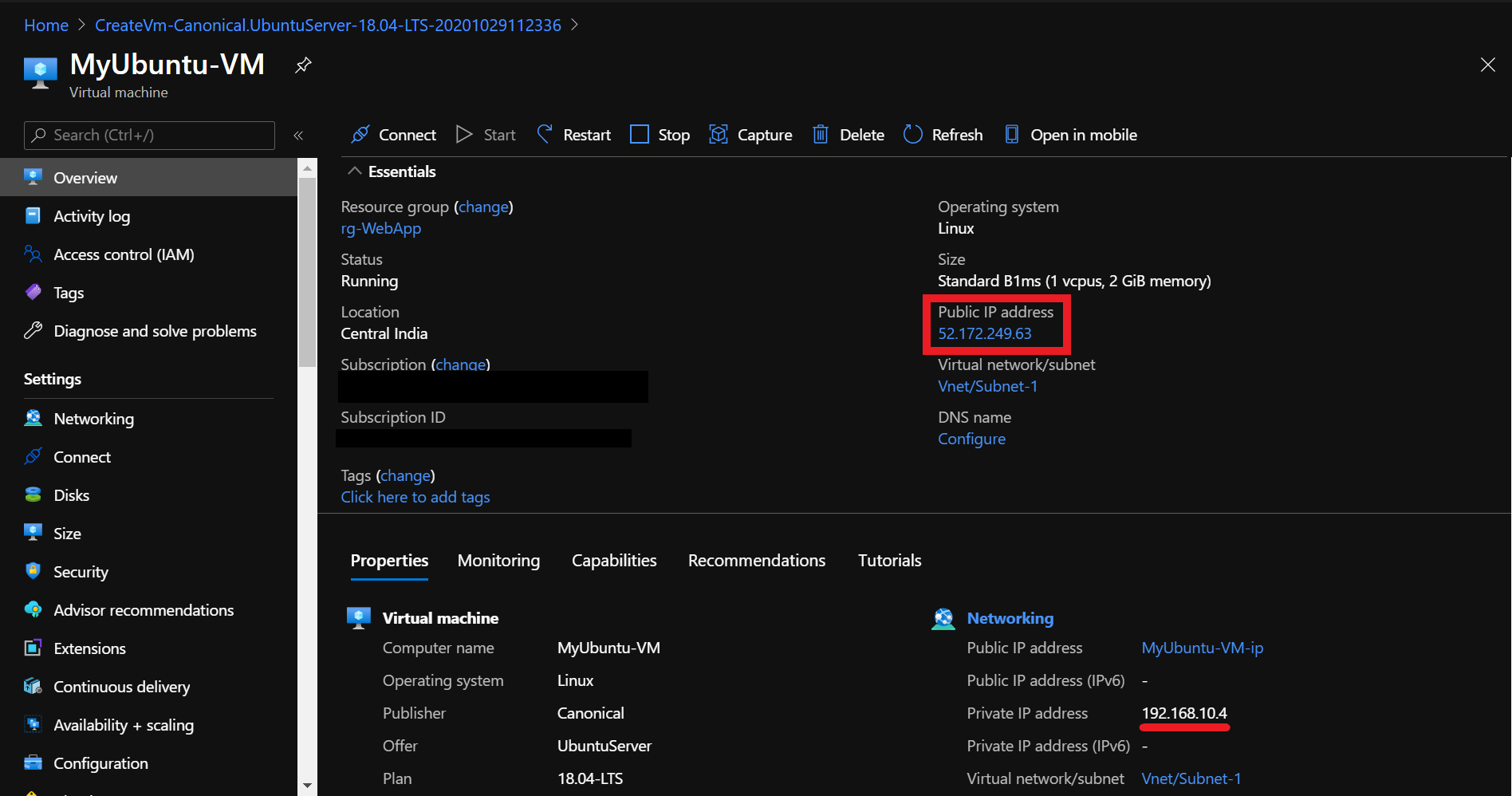 Copy the public IP address of the VM from the overview section.