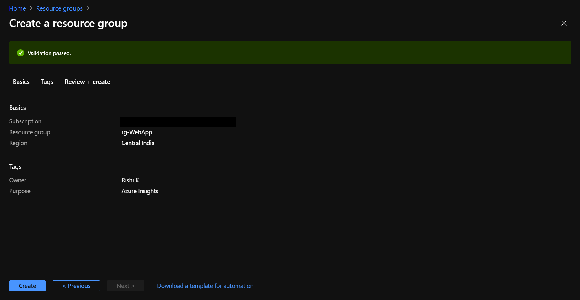 Review & create your resource group.