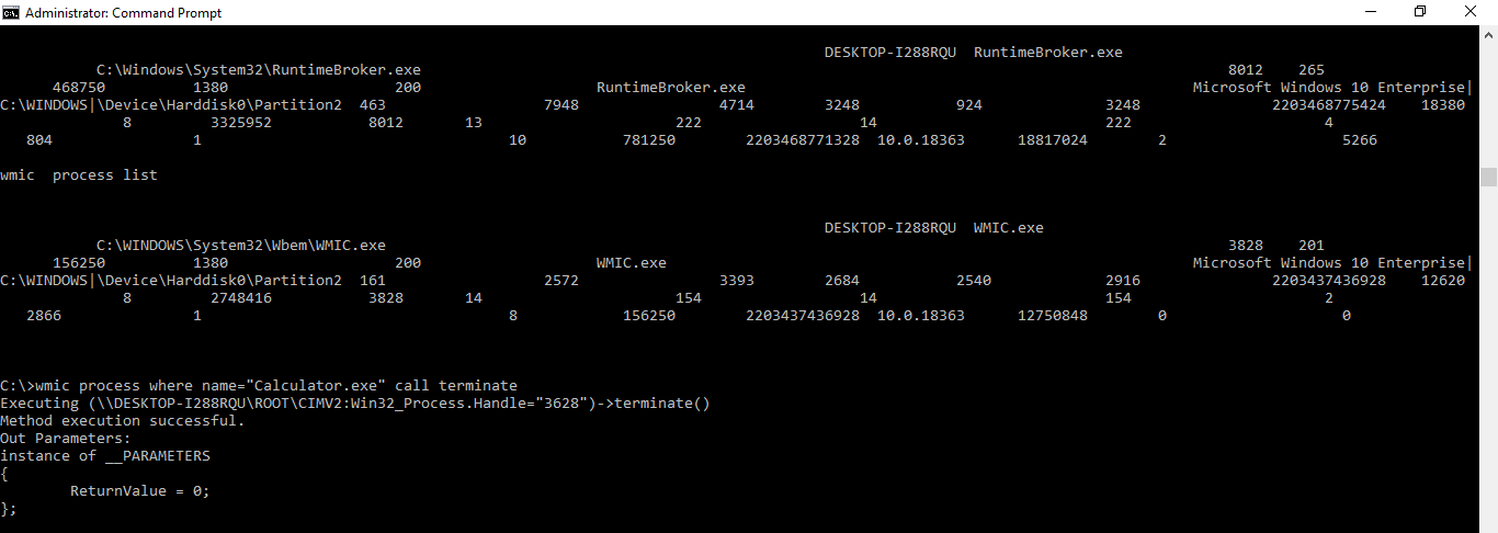 wmic process where name="Calculator.exe" call terminate