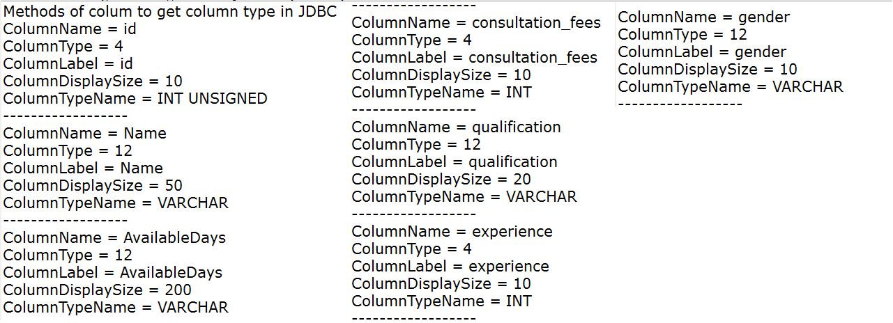 column types of a table