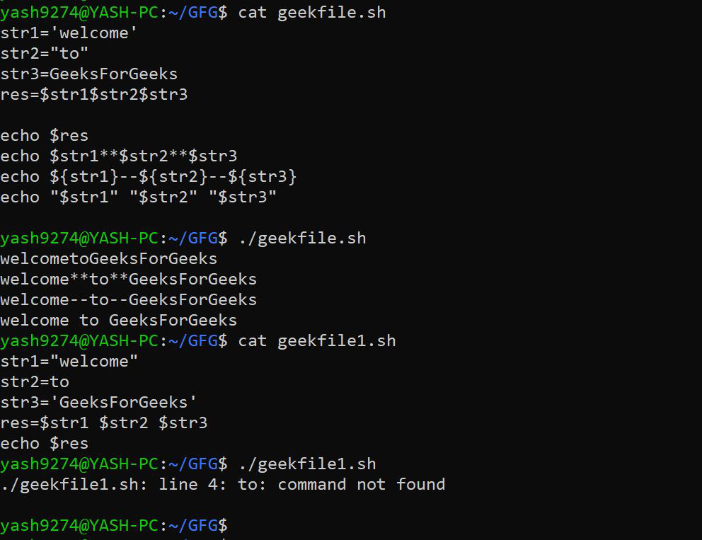 Concatenate strings inside Bash Shell using variables