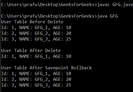 savepoint in a table