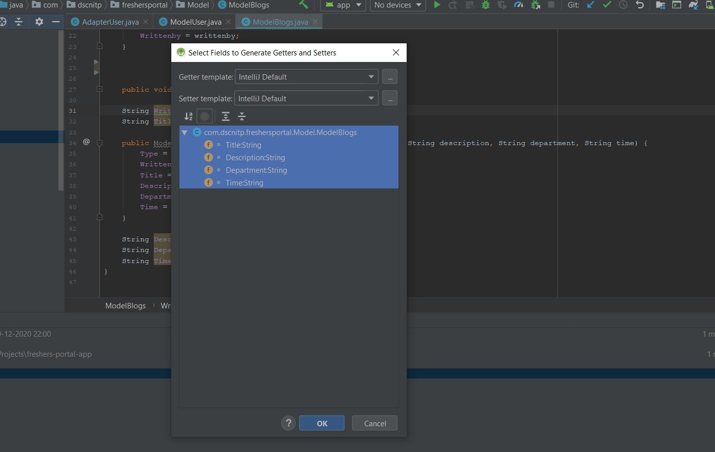 android studio make getter and setter for the class mac