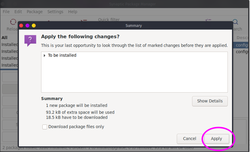 Installation in Synaptic Package Manager