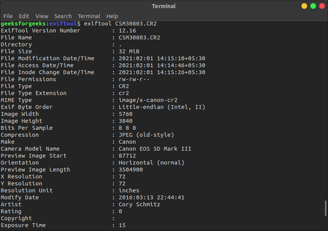 create metadata entry exiftool command line