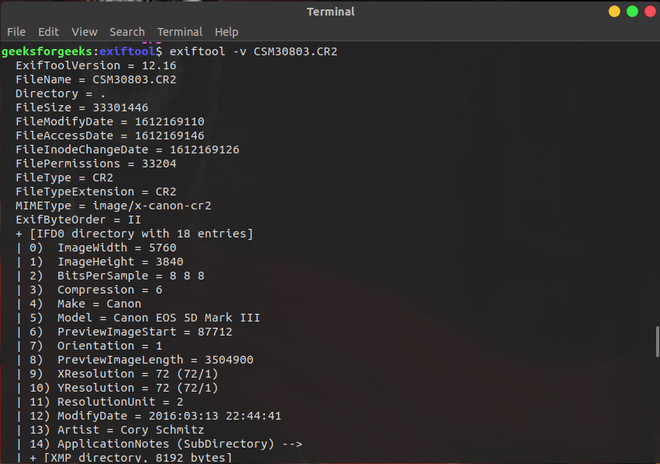 exiftool linux commands