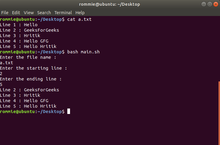 Shell Script to Displays All the Lines Between the Given Line Numbers