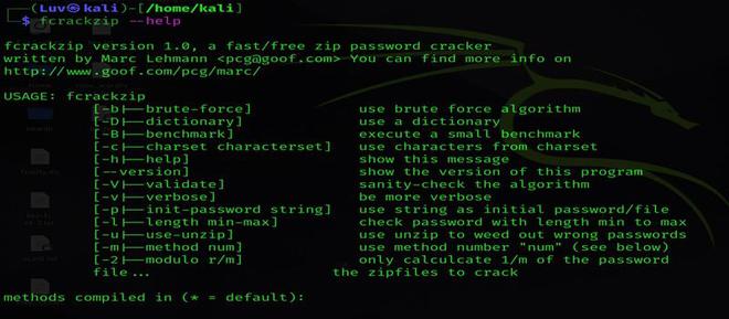 Fcrackzip tool in Kali Linux to crack a Zip File Password