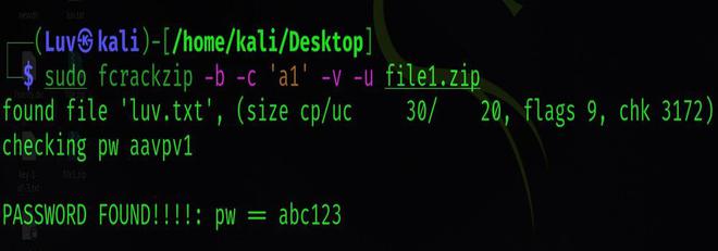 Fcrackzip tool in Kali Linux to crack a Zip File Password