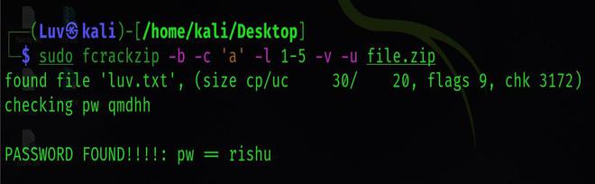 Fcrackzip tool in Kali Linux to crack a Zip File Password