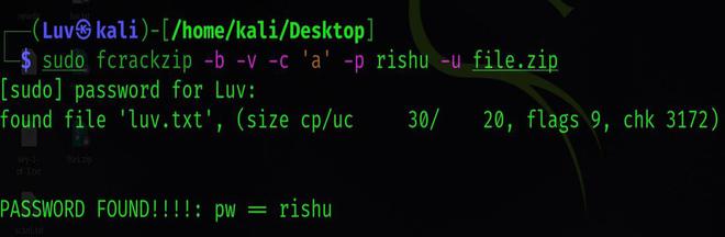 Fcrackzip tool in Kali Linux to crack a Zip File Password