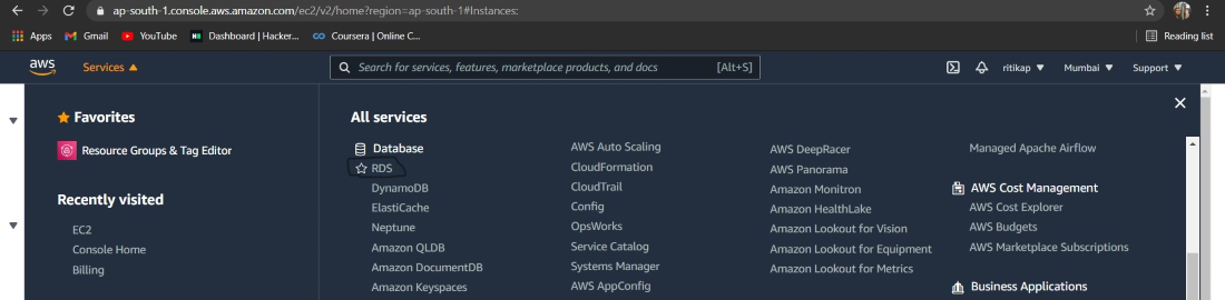 Navigating to Amazon RDS