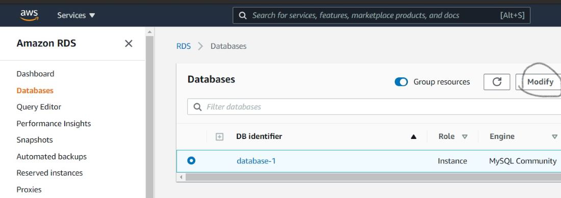 Modifying in the selected DB Instance