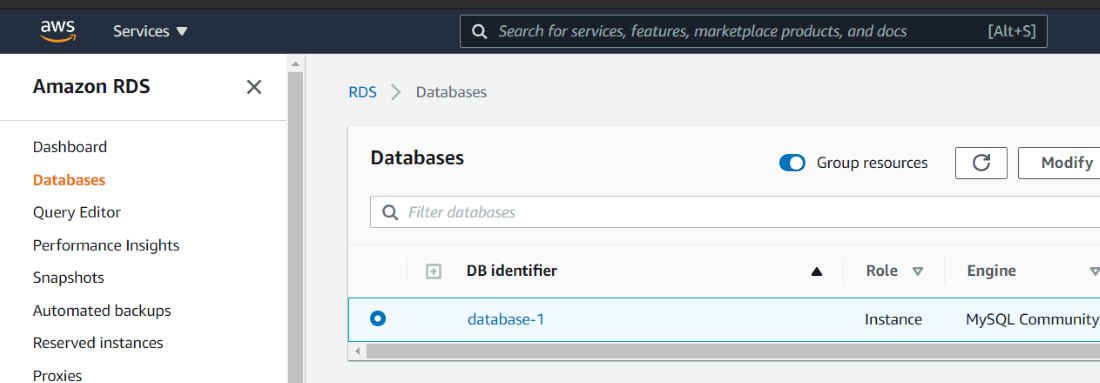 Choosing the pre-existing DB Instance