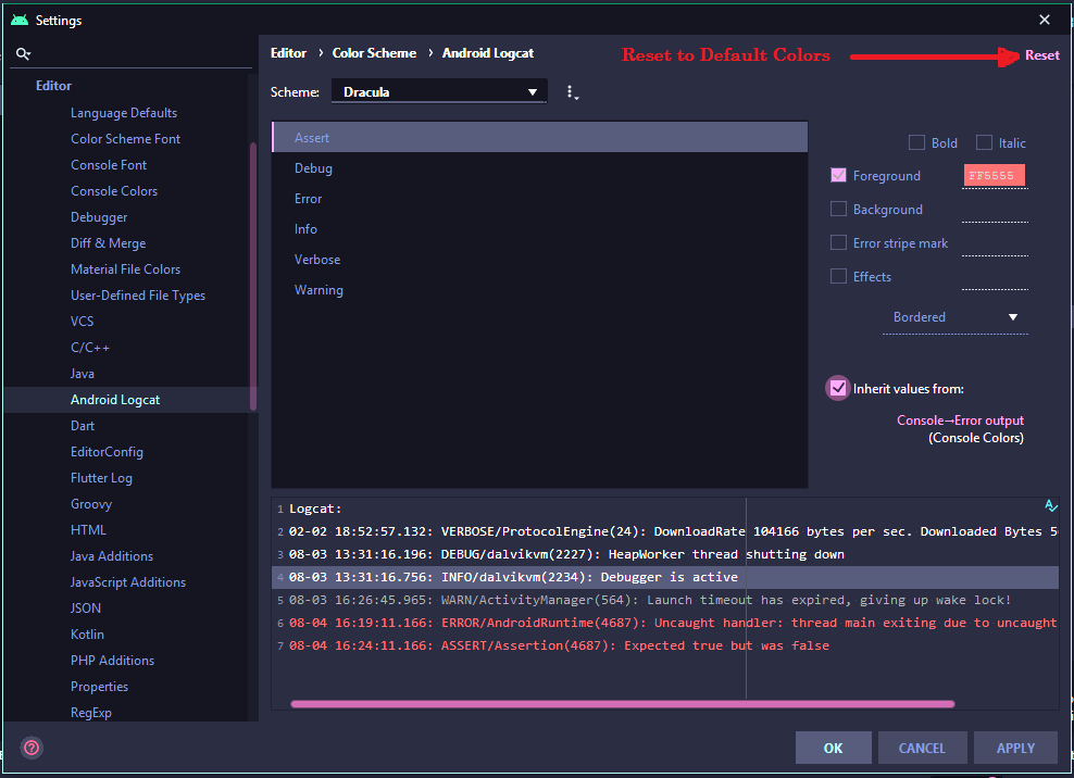 android studio logcat colors