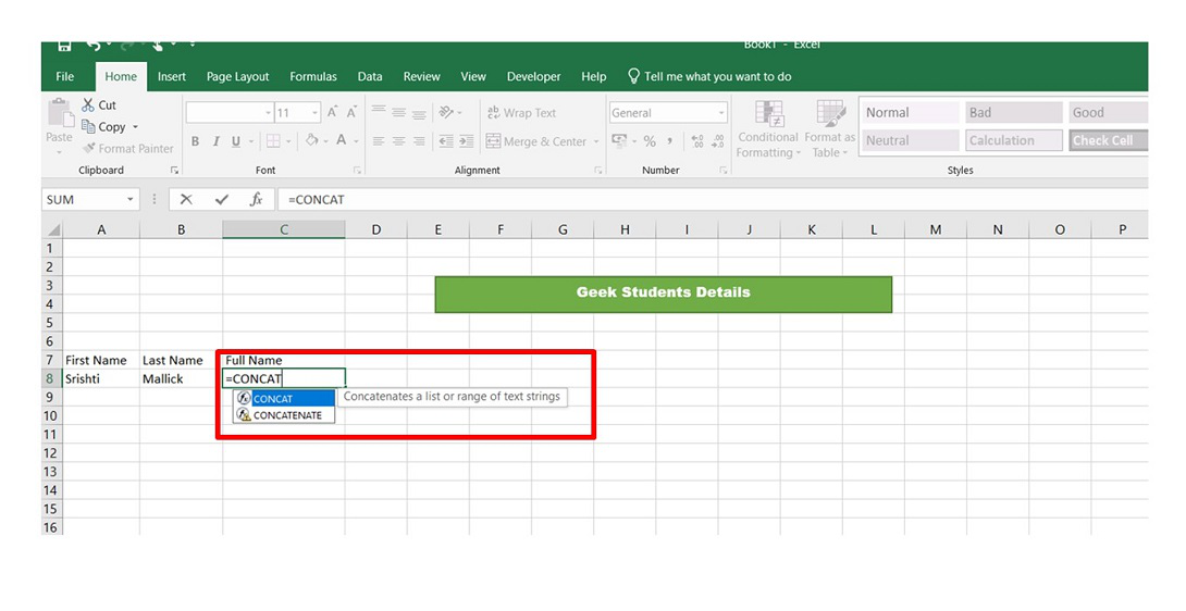 Concatenate In Excel Geeksforgeeks