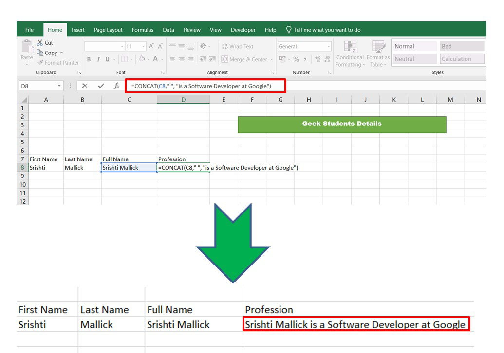 Concatenate In Excel Geeksforgeeks