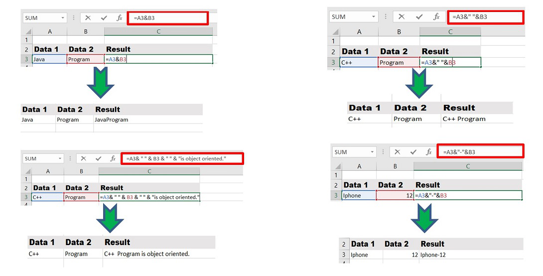 concatenate using & operator.