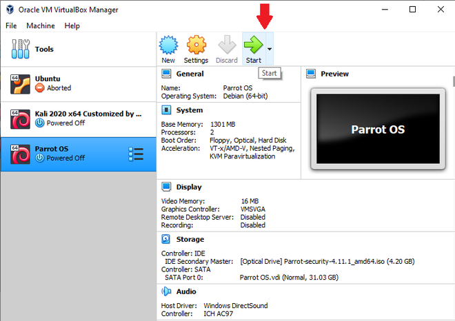 parrot virtualbox network settings