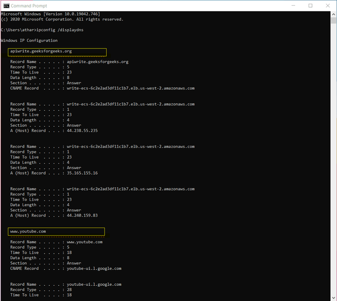 DNS Cache consisting list of websites and their IP Addresses