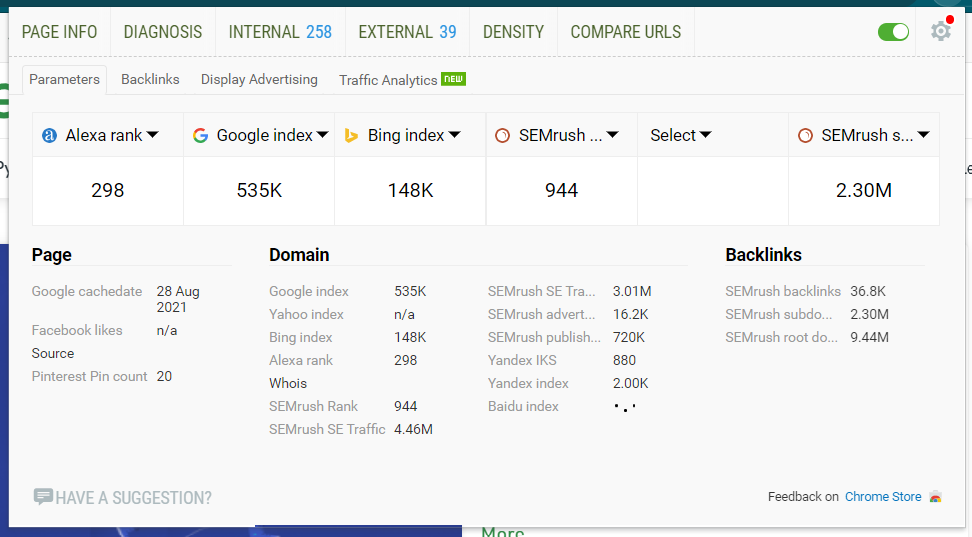 using SEOquake extension in GeeksForGeeks