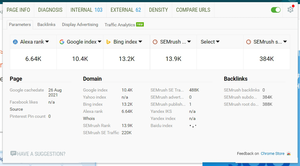 using SEOquake extension in Geekflare