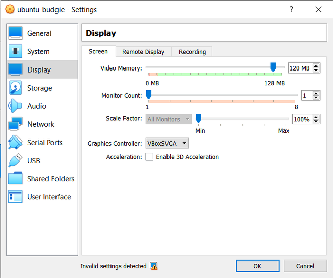 Configuring display of virtual machine