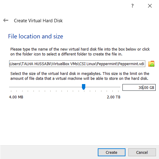  select the size of your virtual hard disk