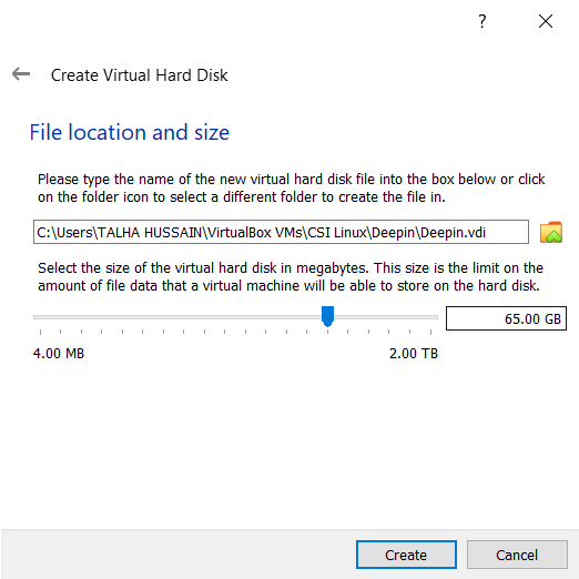 setting size of VM