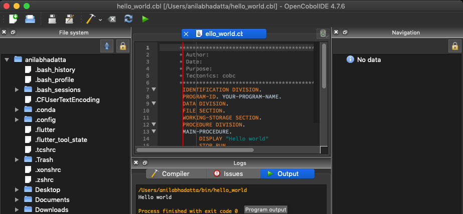 hello world in cobol in COBOL IDE